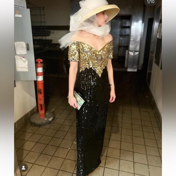 Vintage 80s Oleg Cassini glam black gold bead sequin off the shoulder maxi dress - Picture 1 of 9